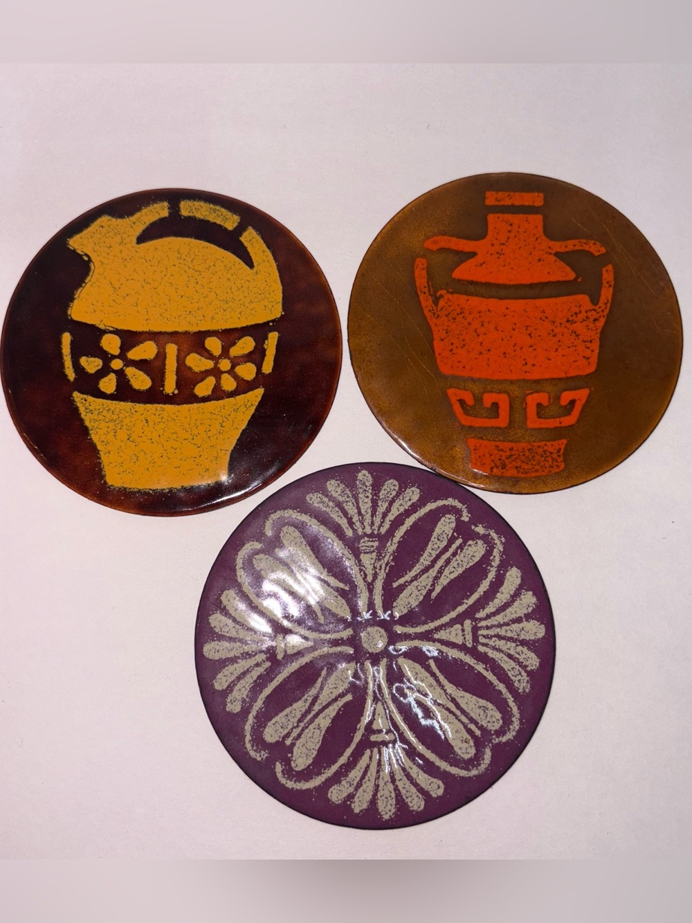 Vintage Metal Drink Coasters Set of 3 Metal & Enamel Pottery Vase Design Floral
